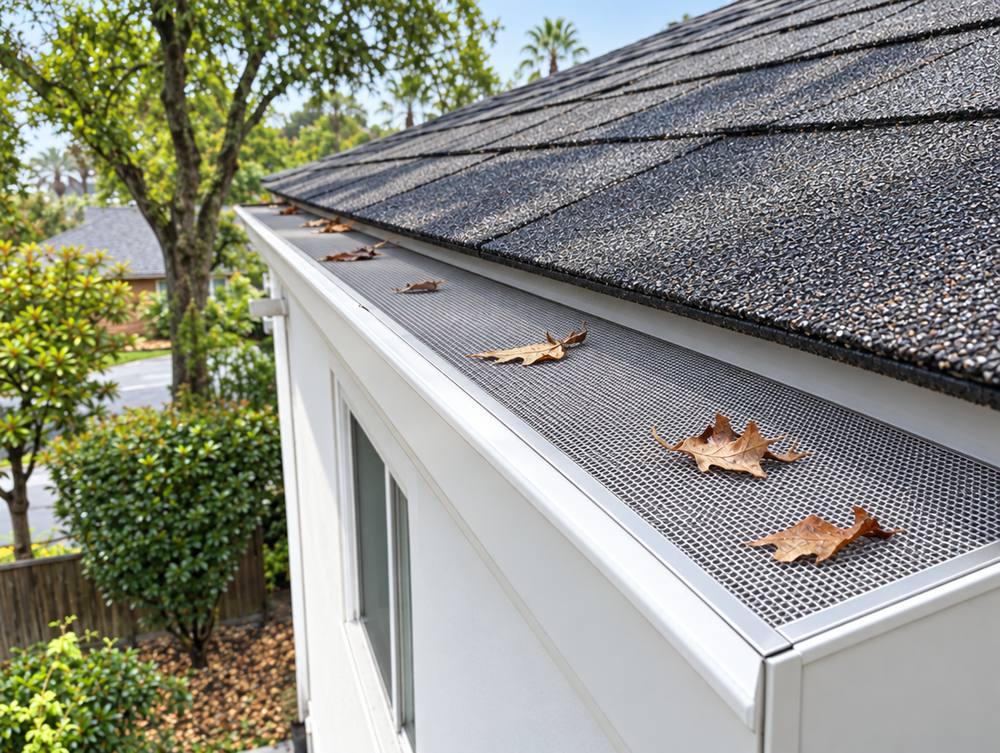 The same gutter, cleaned out and covered by a low-profile stainless micro-mesh gutter guard