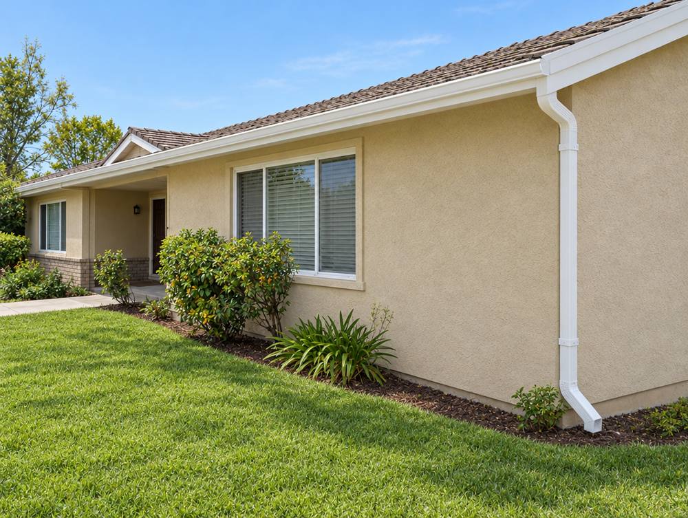 The same ranch home with straight new seamless white gutters, a new downspout, and clean stucco