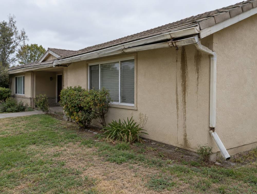 Stucco ranch home with old sagging gutters, drip stains on the wall, and a disconnected downspout